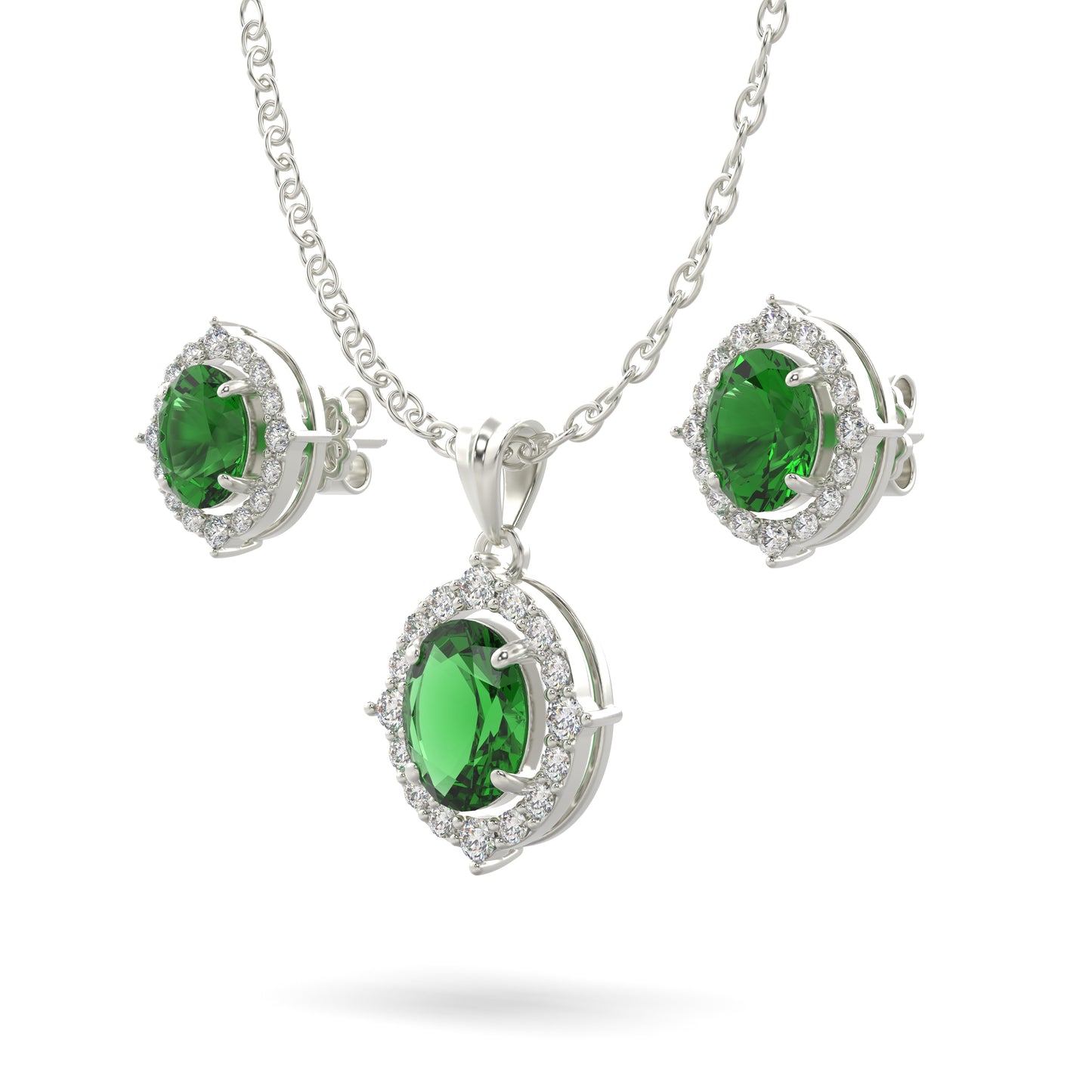 Silver Zircon-Studded Forest Green Shining Halo Pendant Set