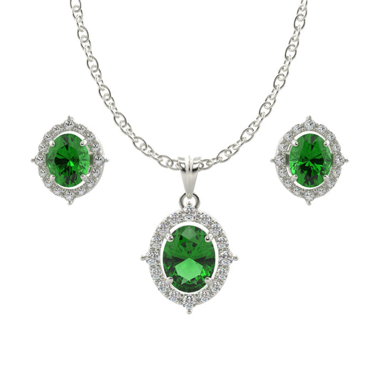 Silver Zircon-Studded Forest Green Shining Halo Pendant Set