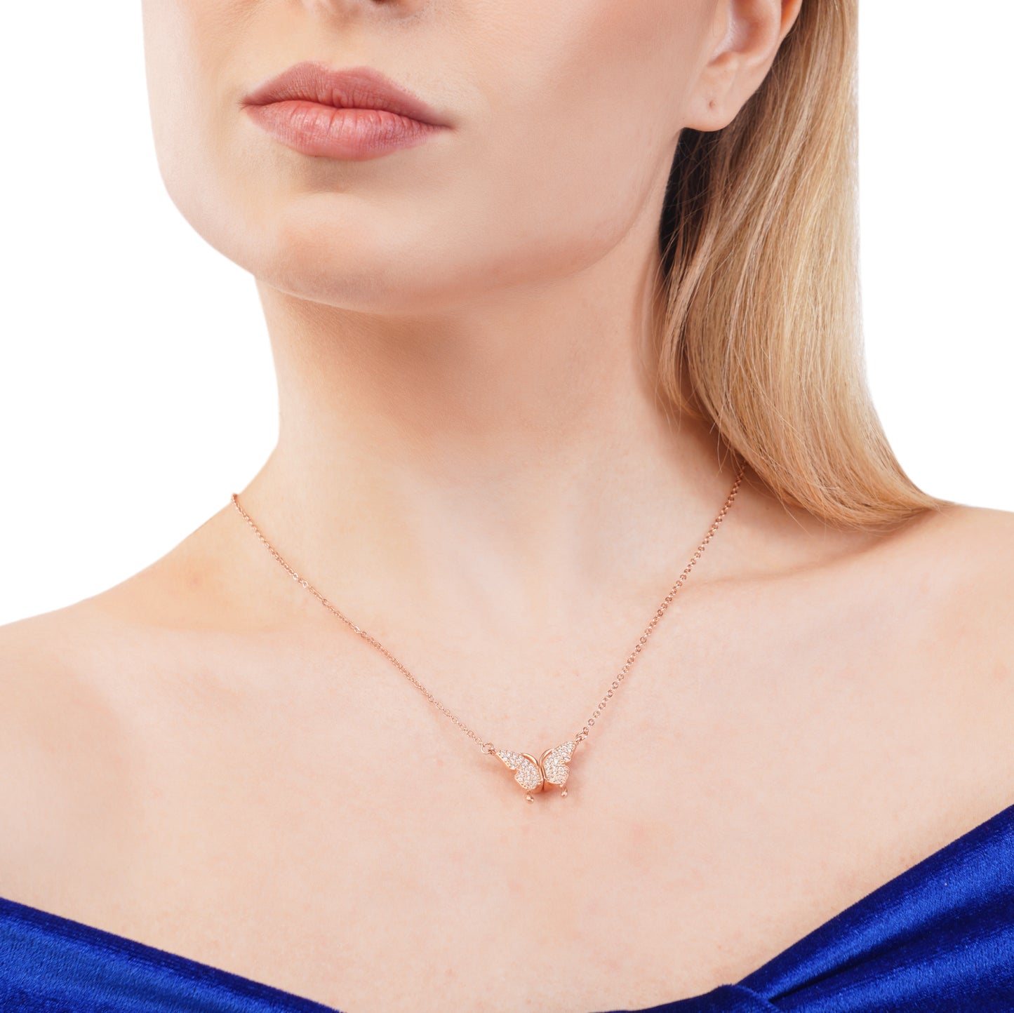 Rose Gold Zircon-Studded Butterfly Necklace